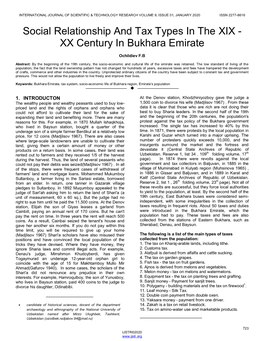 Social Relationship and Tax Types in the XIX - XX Century in Bukhara Emirate