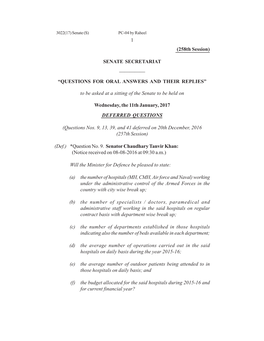 1 (258Th Session) SENATE SECRETARIAT ————— “QUESTIONS for ORAL ANSWERS and THEIR REPLIES” to Be Asked at A