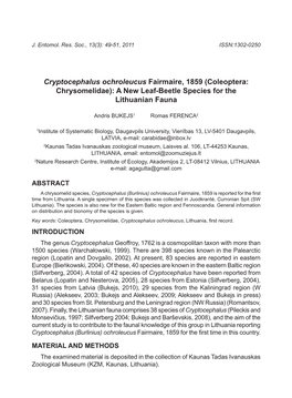 Cryptocephalus Ochroleucus Fairmaire, 1859 (Coleoptera: Chrysomelidae): a New Leaf-Beetle Species for the Lithuanian Fauna