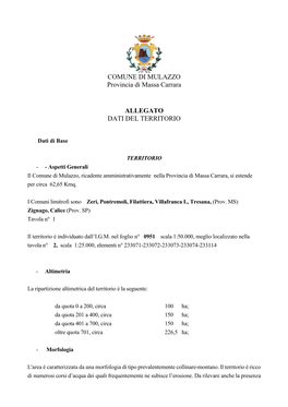 COMUNE DI MULAZZO Provincia Di Massa Carrara ALLEGATO DATI DEL TERRITORIO