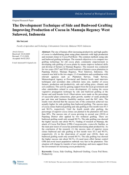 The Development Technique of Side and Budwood Grafting Improving Production of Cocoa in Mamuju Regency West Sulawesi, Indonesia