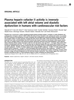 Plasma Heparin Cofactor II Activity Is Inversely Associated with Left Atrial Volume and Diastolic Dysfunction in Humans with Cardiovascular Risk Factors