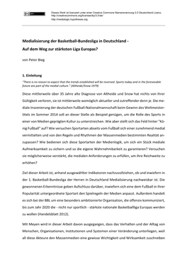 Medialisierung Der Basketball-Bundesliga in Deutschland - Auf Dem Weg Zur Stärksten Liga Europas? Von Peter Bieg