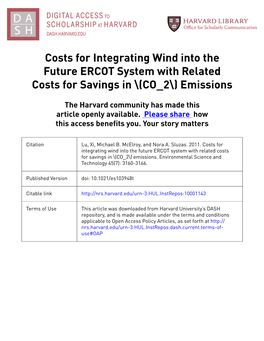 Costs for Integrating Wind Into the Future ERCOT System with Related Costs for Savings in \(CO 2\) Emissions