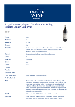 Ridge Vineyards, Geyserville, Alexander Valley, Sonoma County, California