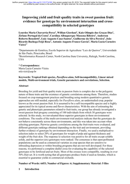 Improving Yield and Fruit Quality Traits in Sweet Passion Fruit: Evidence for Genotype by Environment Interaction and Cross- Compatibility in Selected Genotypes