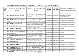 List of Private Security Agencies Who Have Been Issued Licence in Tamil Nadu