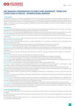 Abc Banking Corporation Ltd Debit Card Agreement, Terms and Conditions of Service - International Banking