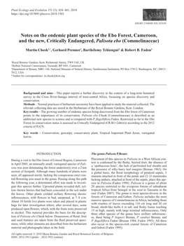 Notes on the Endemic Plant Species of the Ebo Forest, Cameroon, and the New, Critically Endangered, Palisota Ebo (Commelinaceae)