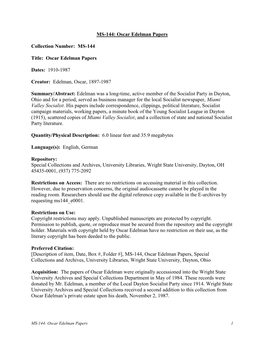 MS-144: Oscar Edelman Papers Collection Number: MS-144 Title