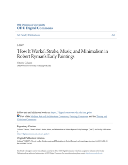 Stroke, Music, and Minimalism in Robert Ryman's Early Paintings Vittorio Colaizzi Old Dominion University, Vcolaizz@Odu.Edu