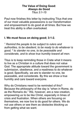 The Value of Doing Good: Always Do Good Titus 3:1-15