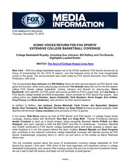 Iconic Voices Return for FOX Sports' Extensive College Basketball