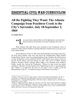 The Atlanta Campaign from Peachtree Creek to the City’S Surrender, July 18-September 2, 1864