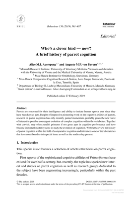 Editorial Who's a Clever Bird — Now? a Brief History of Parrot Cognition