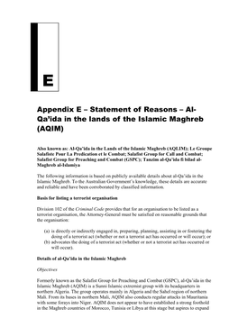 Appendix E – Statement of Reasons – Al- Qa’Ida in the Lands of the Islamic Maghreb (AQIM)
