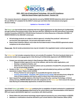 2020 - 2021 List of Instructional Technology - Ed Law 2D Compliance (AKA the Green/Yellow Light Document - Version 3.0)