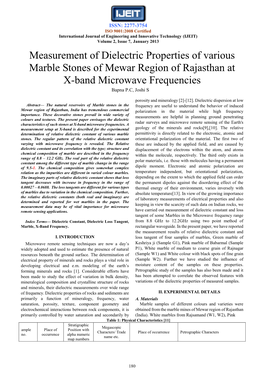 Measurement of Dielectric Properties of Various Marble Stones of Mewar Region of Rajasthan at X-Band Microwave Frequencies Bapna P.C, Joshi S