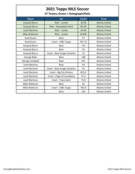 2021 Topps MLS Soccer Checklist