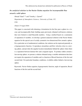 An Analytical Solution to the Navier–Stokes Equation for Incompressible Flow Around a Solid Sphere Ahmad Talaei1, A) and Timot