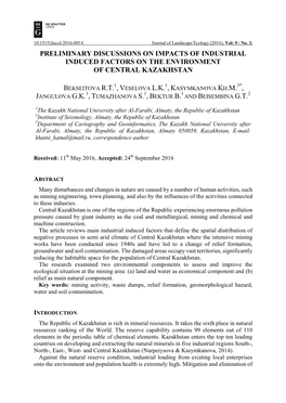 Preliminary Discussions on Impacts of Industrial Induced Factors on the Environment of Central Kazakhstan