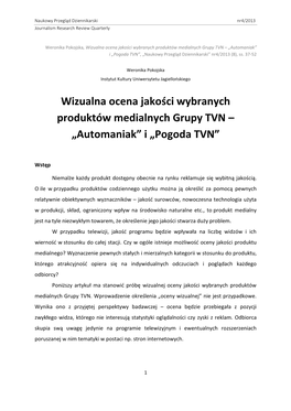 Wizualna Ocena Jakości Wybranych Produktów Medialnych Grupy TVN – „Automaniak” I „Pogoda TVN”, „Naukowy Przegląd Dziennikarski” Nr4/2013 (8), Ss