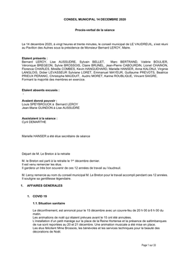 Conseil Municipal 14 Decembre 2020