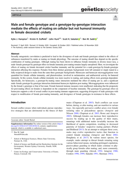 Male and Female Genotype and a Genotype-By-Genotype Interaction Mediate the Effects of Mating on Cellular but Not Humoral Immunity in Female Decorated Crickets