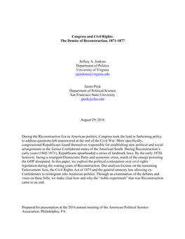 Congress and Civil Rights: the Demise of Reconstruction, 1871-1877