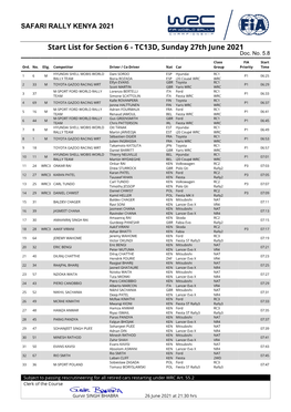 Start List for Section 6 - TC13D, Sunday 27Th June 2021 Doc