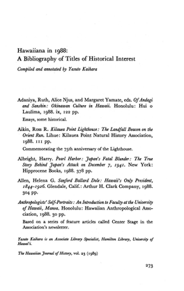 Hawaiiana in 1988: a Bibliography of Titles of Historical Interest