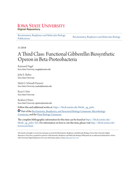 Functional Gibberellin Biosynthetic Operon in Beta-Proteobacteria Raimund Nagel Iowa State University, Rnagel@Iastate.Edu