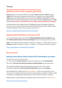 Netanya Netanya International Chess Tournament Series (Held from 1961 to 1990, Unregular; Again 2019)