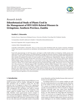 Ethnobotanical Study of Plants Used in the Management of HIV/AIDS-Related Diseases in Livingstone, Southern Province, Zambia