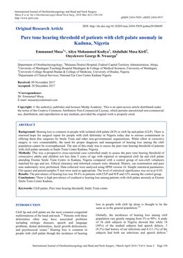 Pure Tone Hearing Threshold of Patients with Cleft Palate Anomaly in Kaduna, Nigeria