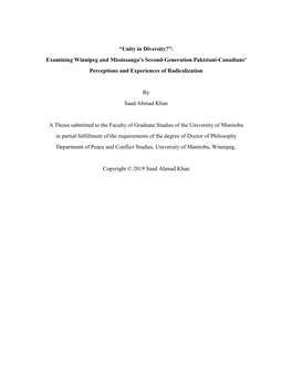 “Unity in Diversity?”: Examining Winnipeg and Mississauga’S Second-Generation Pakistani-Canadians’ Perceptions and Experiences of Radicalization