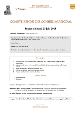 COMPTE RENDU DU CONSEIL MUNICIPAL Séance Du Lundi 25