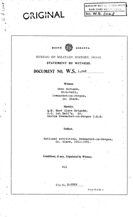 ROINN COSANTA. BUREAU of MILITARY HISTORY, 1913-21. STATEMENT by WITNESS. DOCUMENT NO. W.S. 1048 Witness Sean Murnane, Stonehall