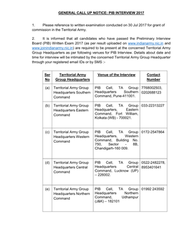 General Call up Notice: Pib Interview 2017