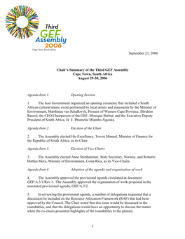 Summary of the Third GEF Assembly Cape Town, South Africa August 29-30, 2006