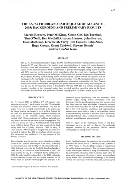 THE Mw 7.2 FIORDLAND EARTHQUAKE of AUGUST 21, 2003: BACKGROUND and PRELIMINARY RESULTS