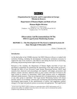 Organization for Security and Co-Operation in Europe Mission in Kosovo Department of Human Rights and Rule of Law Human Rights Division Belgrade St