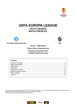 Uefa Europa League 2012/13 Season Match Press Kit