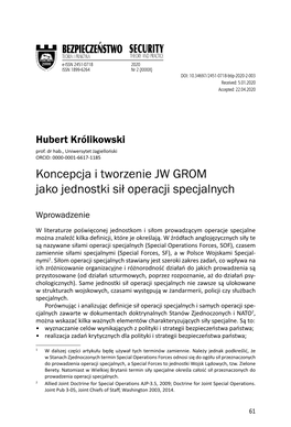 Koncepcja I Tworzenie JW GROM Jako Jednostki Sił Operacji Specjalnych