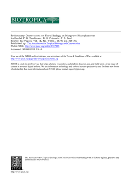 Preliminary Observations on Floral Biology in Mangrove Rhizophoraceae Author(S): P