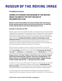 Cinema Eye Honors and Museum of the Moving Image Celebrate the Past Decade of Documentary Film