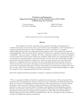 Organizational Emergence and the Transformation of Civic Order in 19Th-Century New York City