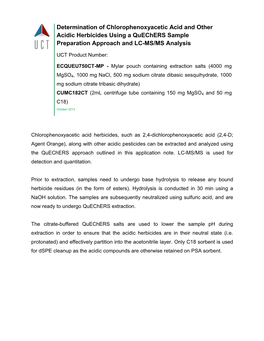 Determination of Chlorophenoxyacetic Acid and Other Acidic Herbicides Using a Quechers Sample Preparation Approach and LC-MS/MS Analysis