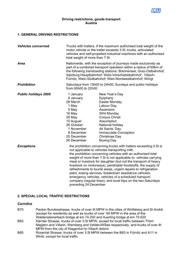 Driving Restrictions, Goods Transport Austria 1. GENERAL DRIVING