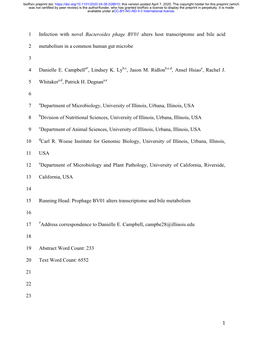 1 Infection with Novel Bacteroides Phage BV01 Alters Host Transcriptome and Bile Acid